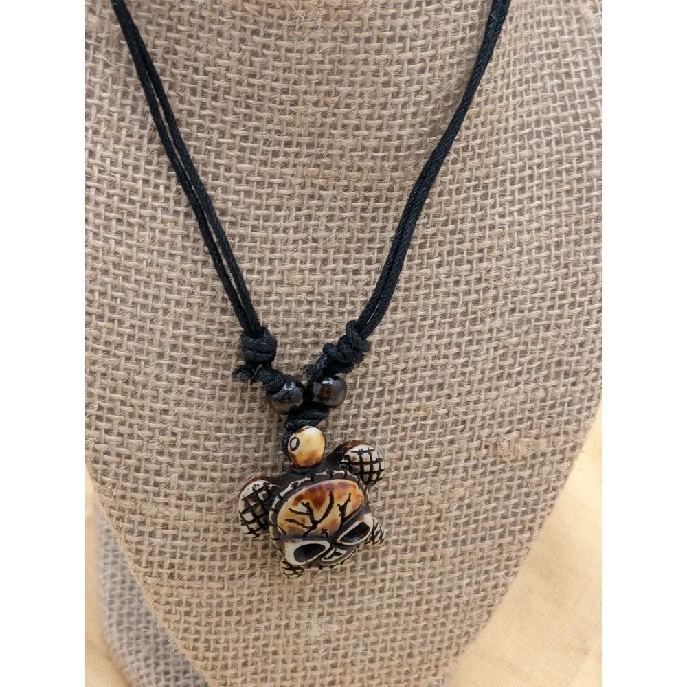 Skull Turtle Pendant Necklace Adjustable Cord Gothic Boho Carved Charm (16
